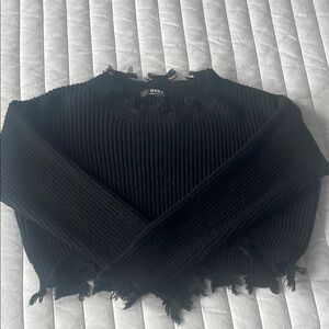 Cropped Black Frayed Knit Top